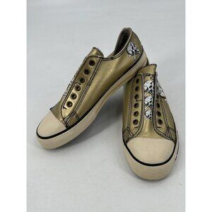 Ed Hardy Gold Leather Sneakers Skull Pirate No Laces Slip On Men's 9M